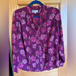 {NANETTE LEPORE} Purple Floral Pleated Buttoned Blouse